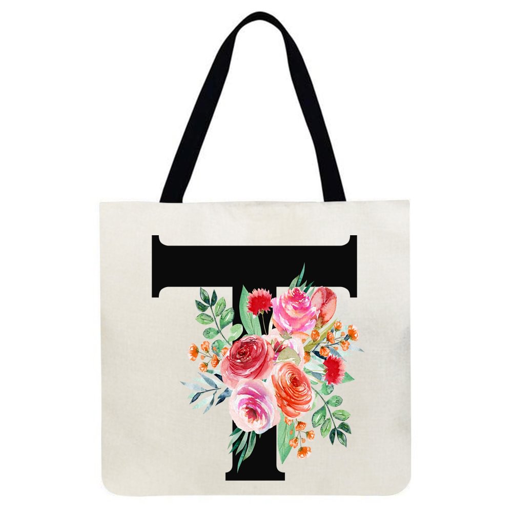 Linen Tote Bag -  Alphabet Flowers