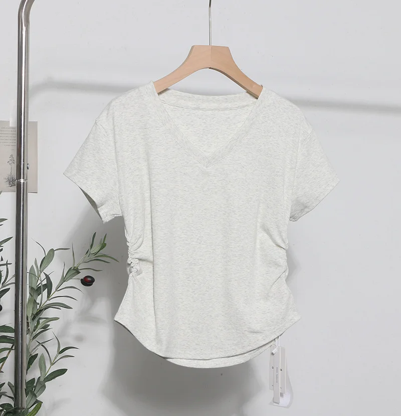 Uveng Recommended For The Summer V-Neck Front Shoulder Short-Sleeved T-Shirt For Girls Slimming Hottie Drawstring Irregular Top 2899