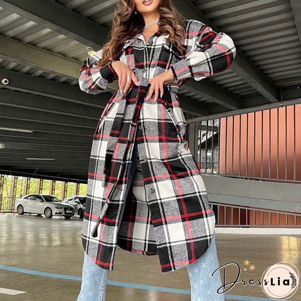 Retro Plaid Print Coat Ladies Casual Long Sleeve Lapel Single Breasted Woolen Coats Women Loose Lace Up Asymmetrical Jacket
