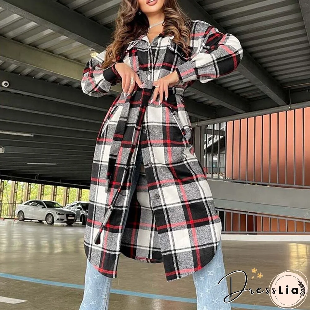Retro Plaid Print Coat Ladies Casual Long Sleeve Lapel Single Breasted Woolen Coats Women Loose Lace Up Asymmetrical Jacket