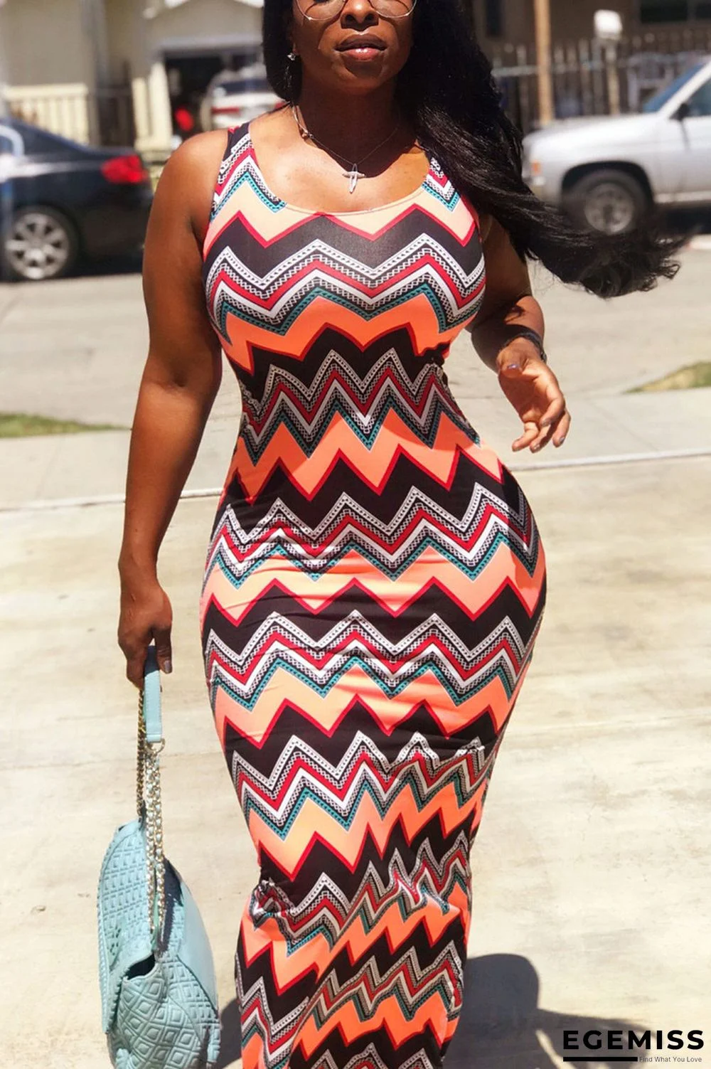 Multi-color Casual Tank Sleeveless O neck Slim Dress Ankle-Length Print Dresses | EGEMISS