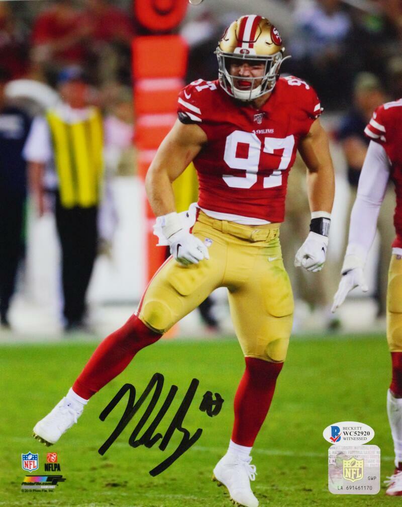 Nick Bosa Autographed 49ers 8x10 Grunt Celebration PF Photo Poster painting- Beckett W Auth *Blk