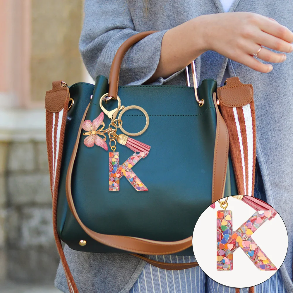 Resin Initial Letter Keychains Alphabet Letter Keychain Pink Tassel Butterfly Key Ring