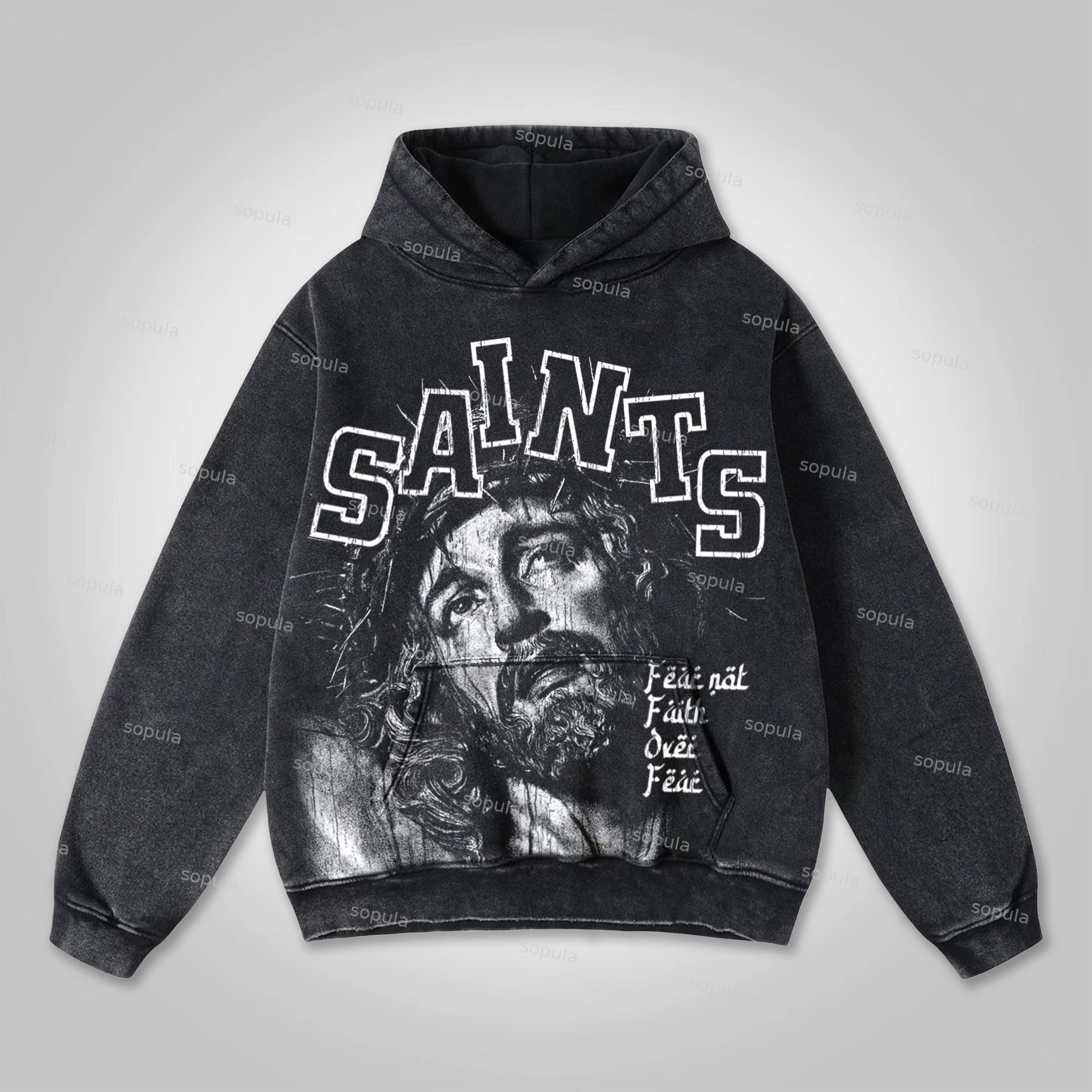 Sopula Jesus Saints Faith Vintage Print Washed Hoodie - Sopula｜Premium Graphic Tees & Graphic Clothing