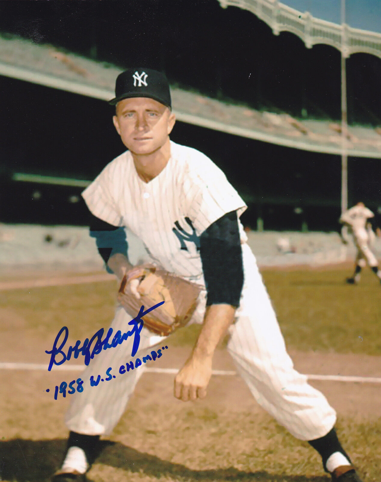 BOBBY SHANTZ NEW YORK YANKEES 1958 WS CHAMPS ACTION SIGNED 8x10