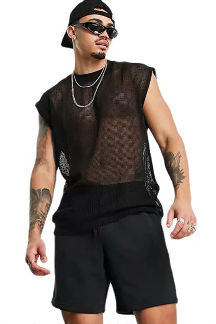 Gothic Black Casual See-Through Hollow Out Sleeveless Blouse