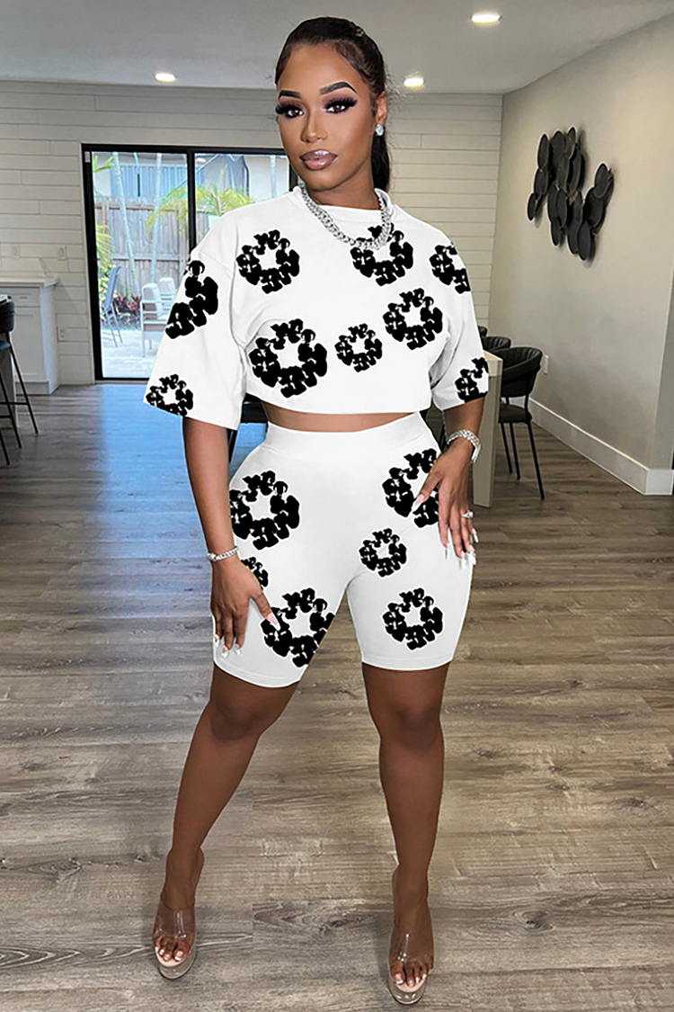 Graphic Print Short Sleeve Crop Top Slim Fit Shorts Matching Set-Black