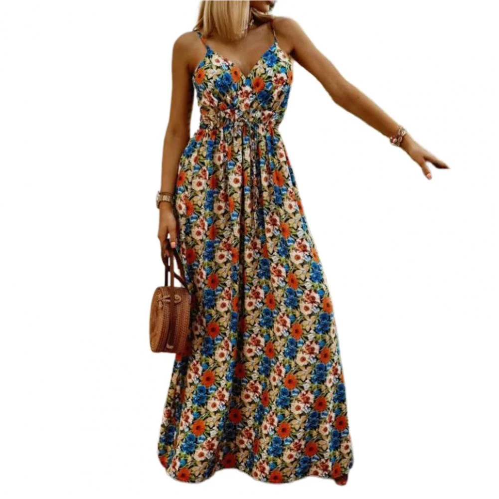 Ladies Summer Flower Print Spaghetti Dress  V-Neck Waist Bohemian Backless Holiday Dress Footnote