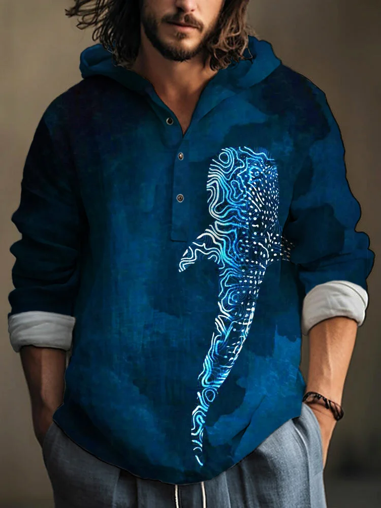 Luminous Line Whale Tie-Dye Print Linen Hooded Long Sleeve Shirt