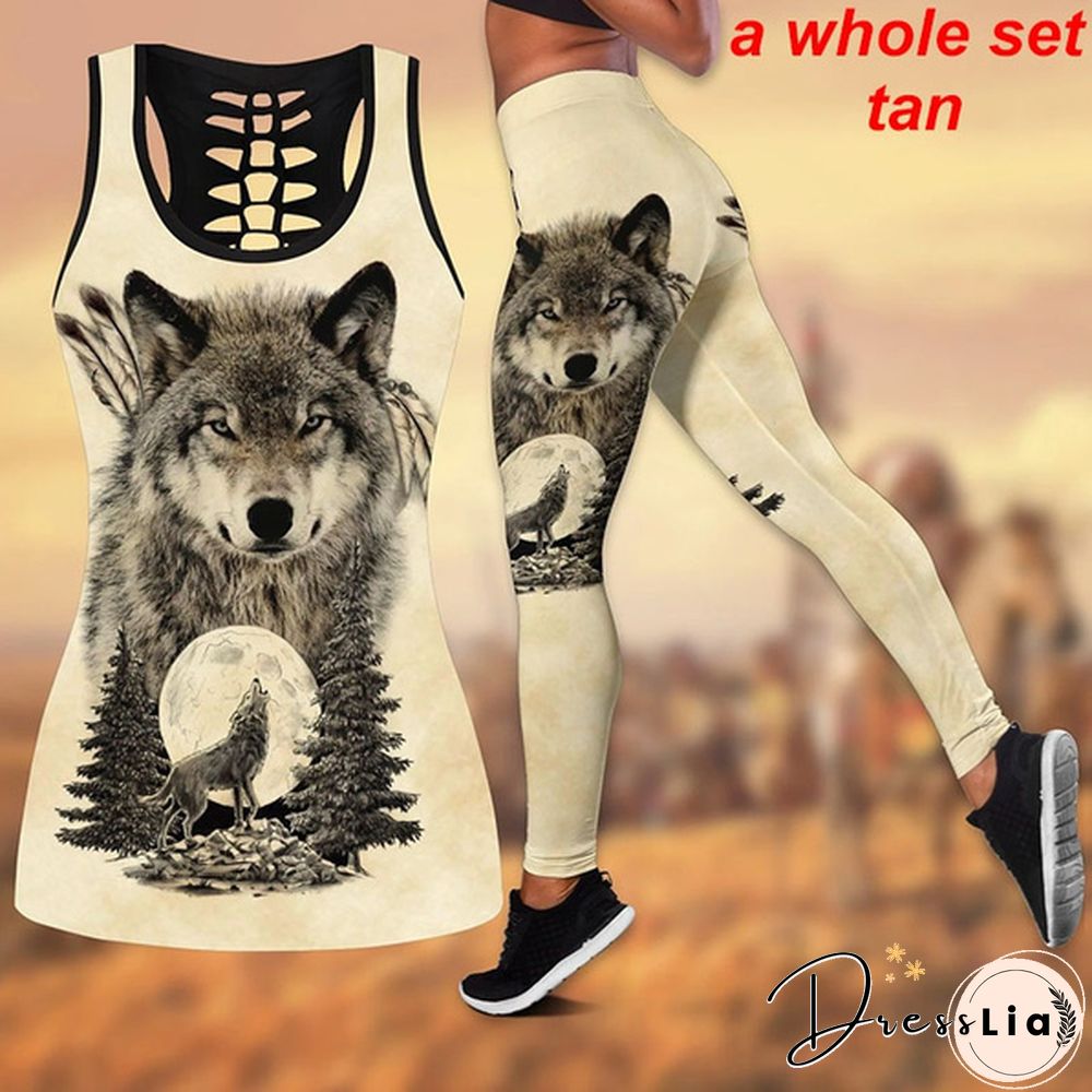 Women Wolf Native American 3D All Over Printed Legging + Hollow Tank Sleeveless Shirt Summer Vest for Women Plus Size Yoga Tank Tops Leggings Suit