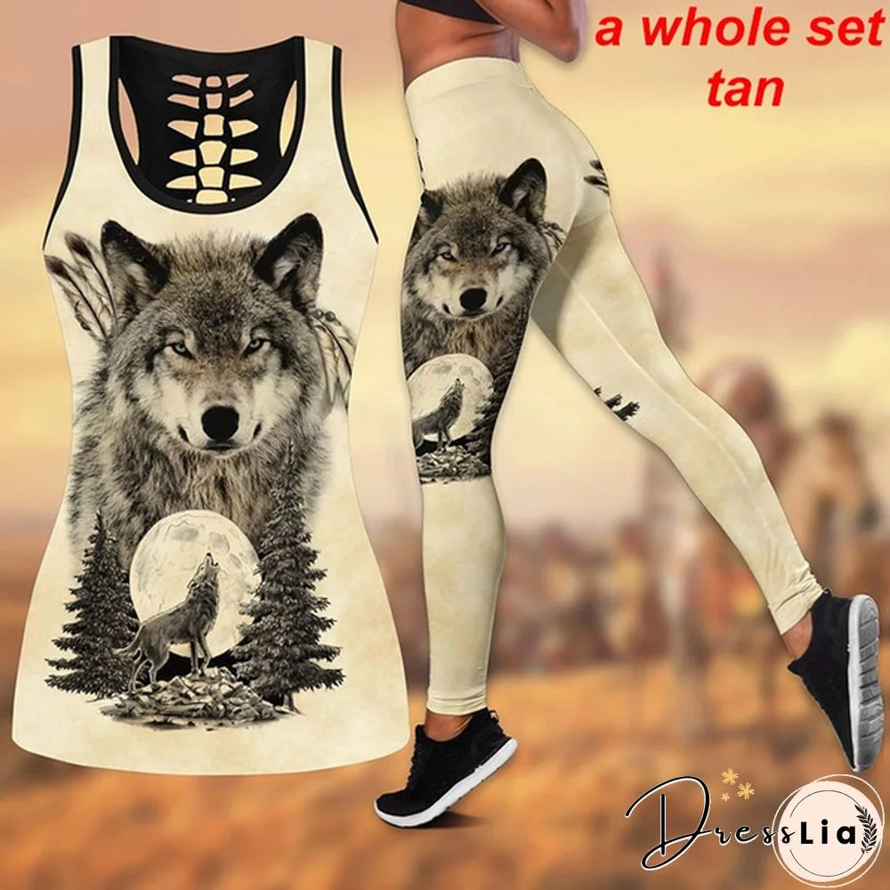 Women Wolf Native American 3D All Over Printed Legging + Hollow Tank Sleeveless Shirt Summer Vest for Women Plus Size Yoga Tank Tops Leggings Suit