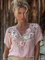 Vintage Pink Boho Floral Embroidered V Neck Linen T Shirt