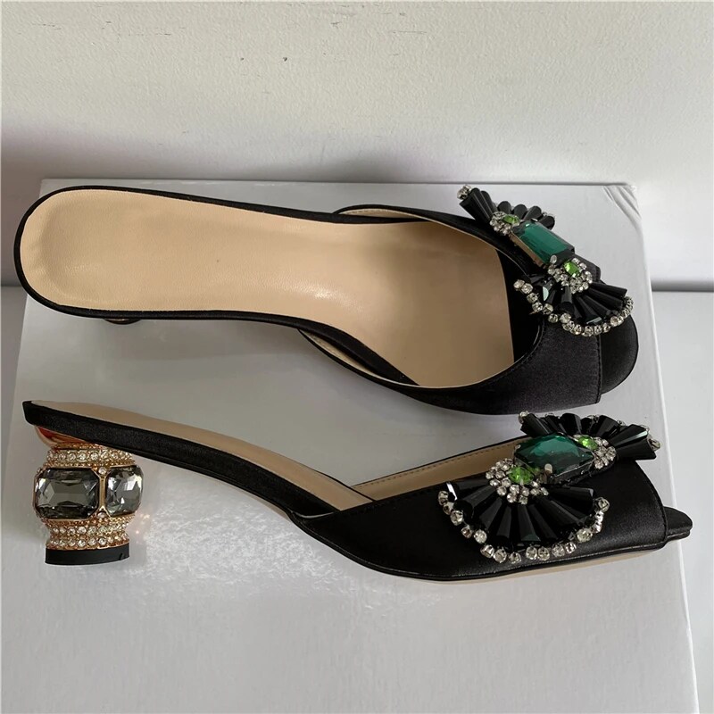 VCSHOES Rhinestone Candy Butterfly-Knot Sandals Women Diamond Heel Slingbacks Satin Peep Toe Crystal Mules
