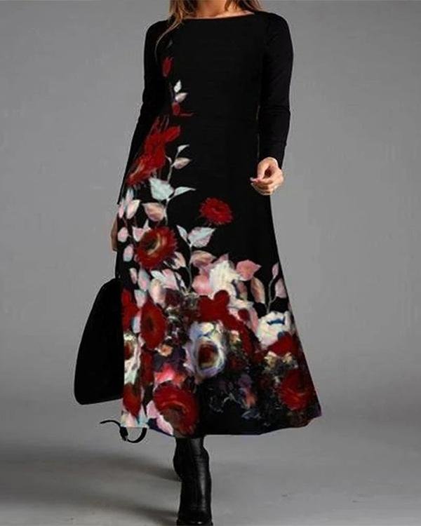 Elegant Flower Long Sleeve Round Neck Maxi Dress - Chicaggo