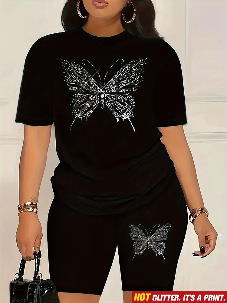 Visual Direction, 1 Set Of Casual Women's Outfit, Pattern Print, Short Sleeve Two-Piece Set, Round Neck Short Sleeve T-Shirt Top, Printed Tight Shorts, Clothing Sports Breathable, Soft And Comfortable, Yoga Suit Suit, Fitness All-Match