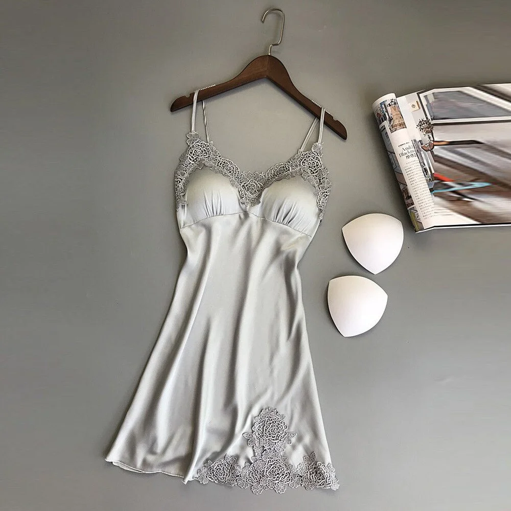 Uaang Dress Women Sexy Lace Satin Nightgowns V-neck Strap Sleeveless Lingerie Sexy Nightwear Underwear Babydoll Sleepwear Dress