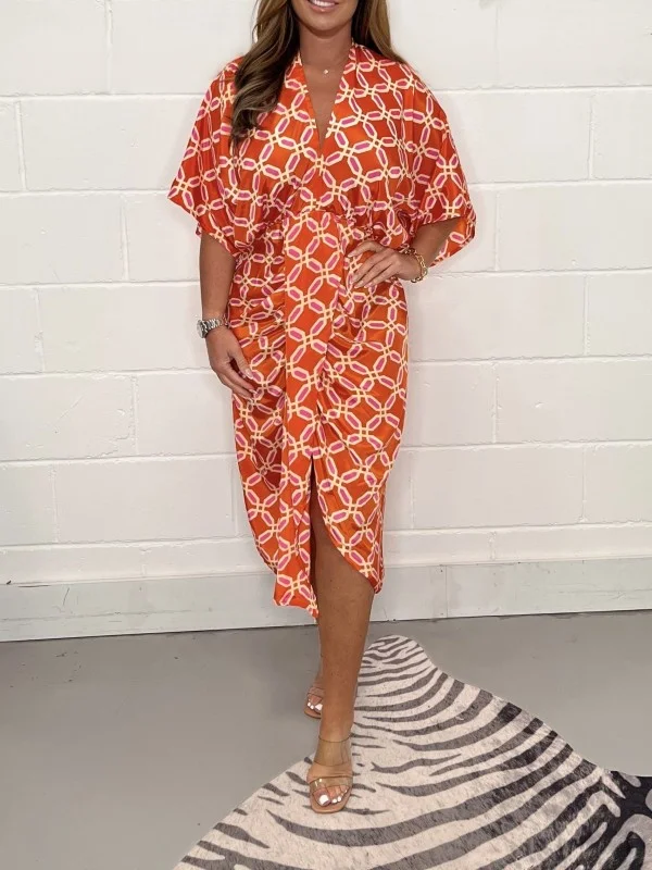 Orange & Pink Geometric Kimono Dress