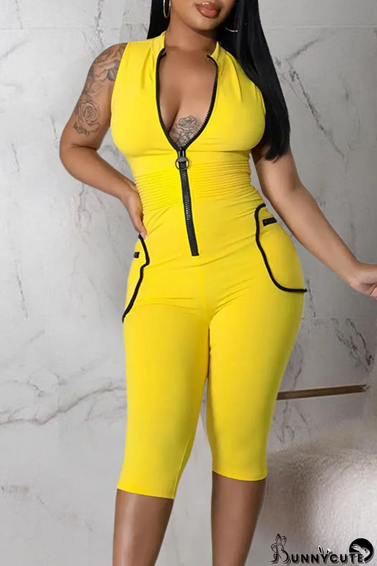 Yellow Casual Sportswear Solid Split Joint Pocket Zipper Regular Jumpsuits