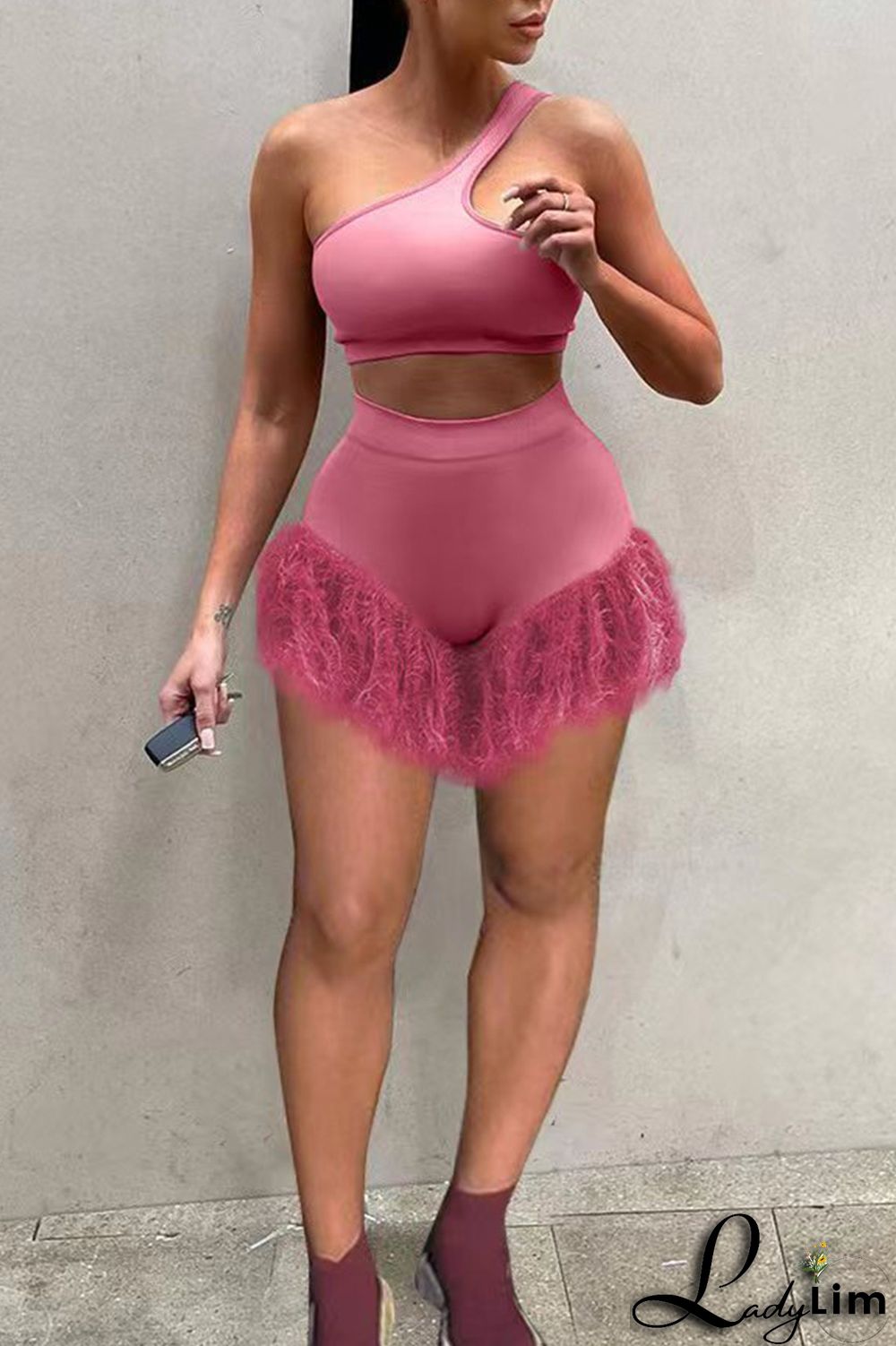 Pink Fashion Sexy Solid Patchwork Backless One Shoulder Two Pieces