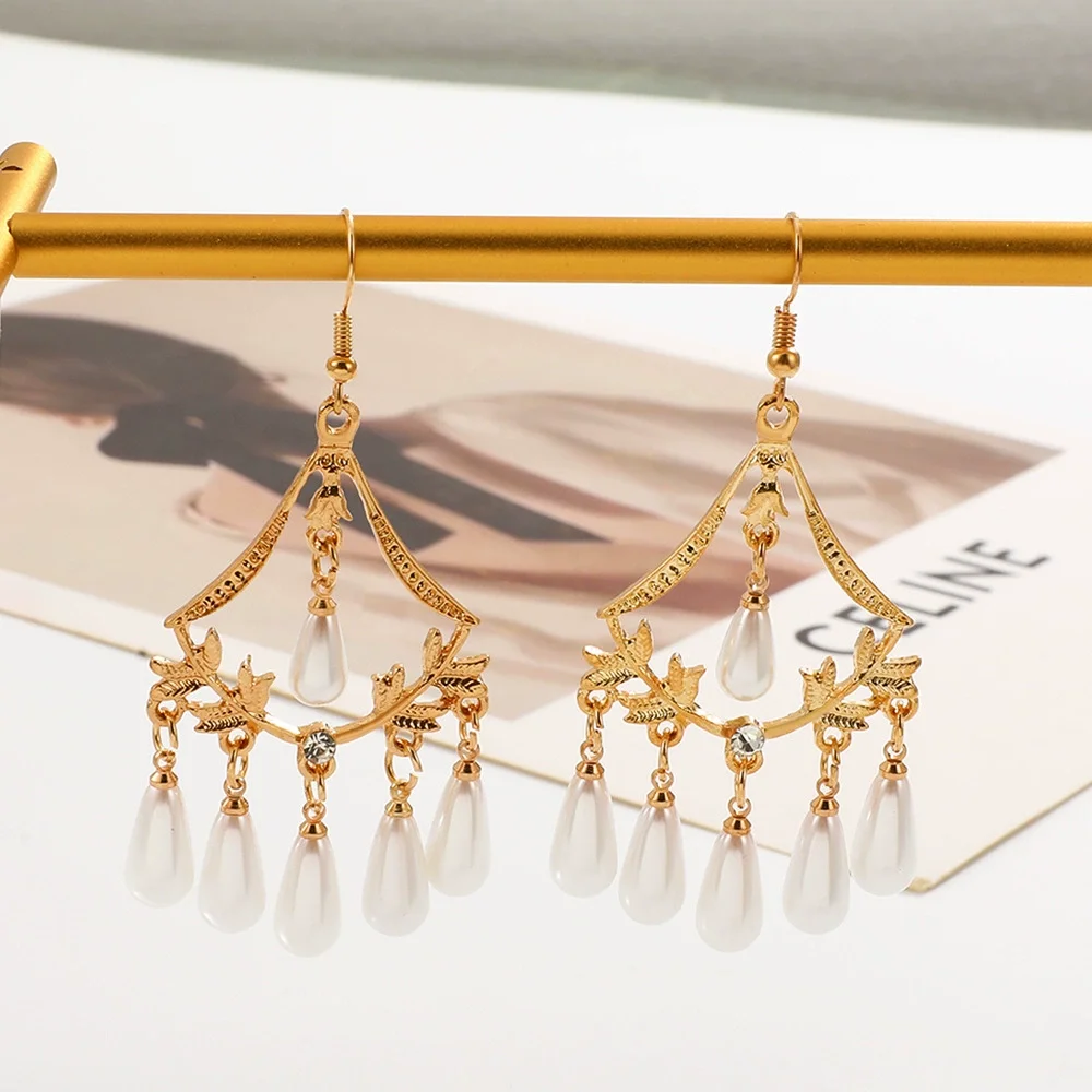 Palace Style Pearl Long Gold Plated Earrings