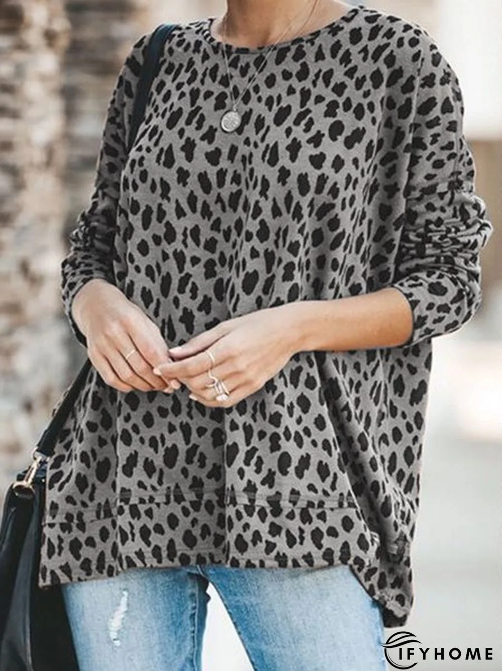 Leopard Round Neck Cotton Blends Casual Tunic Top | IFYHOME