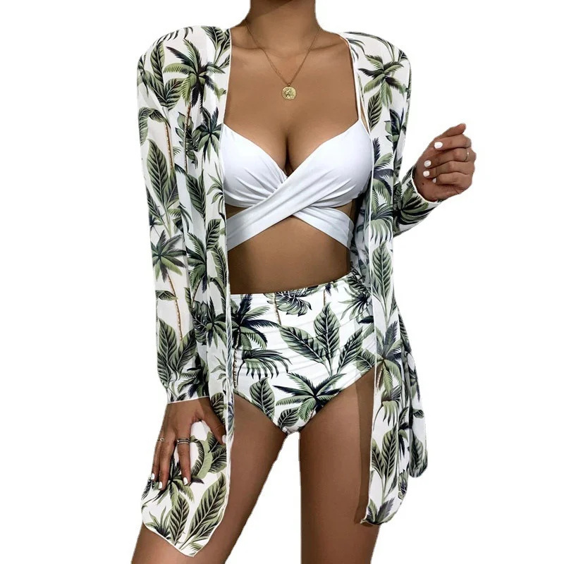 Uveng 2024 New Bikini Gathering Sexy Mesh Three-Piece Set Of Split-Print Swimsuit Women