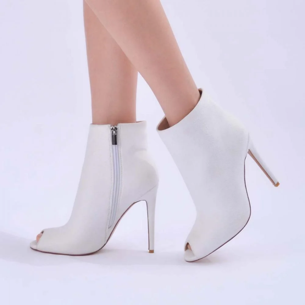 White Leather Booties Stiletto Heel Spring Wedding Ankle Boots Nicepairs