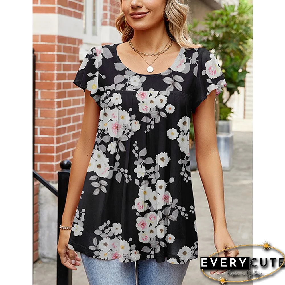 Pink Floral Print Splicing Mesh Tunic Tops