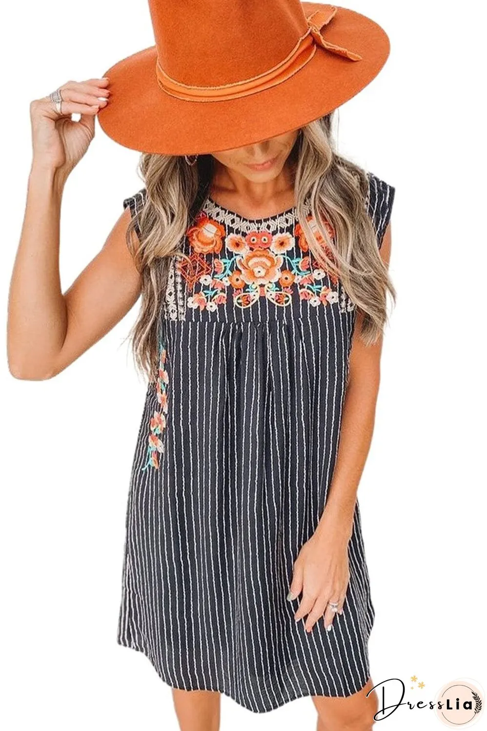 Blue Striped Embroidered Sleeveless Mini Dress with Southern Belle Style