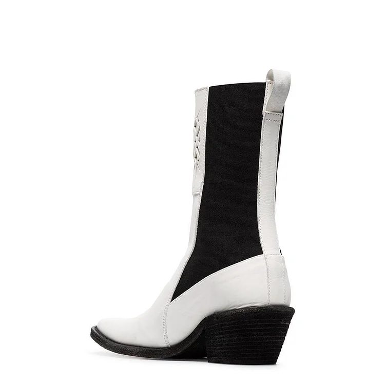 White and Black Hollow Out Block Heel Ankle Booties Vdcoo