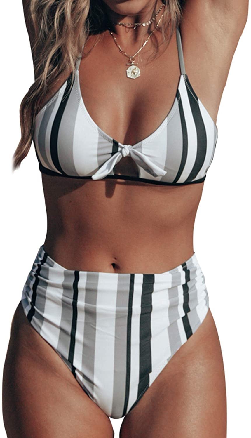 CUPSHE Women’s Black White Grey Stripe Bikini Bowknot Shirred Swimsuit