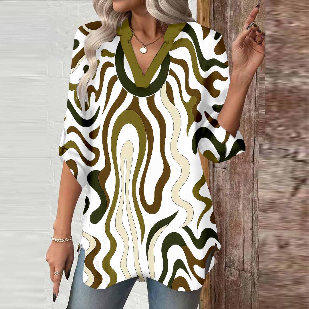 Women Abstract, Black, Brown DZGA0168 3/4 Sleeve V-neck Printed Graphic Button Tops