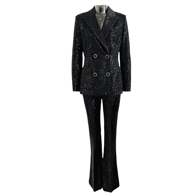 Nigikala Nigikala Fashion New Gold Velvet Sleek Double Buckle Blazer Jacket Repair Micro-Tlip Trousers Set