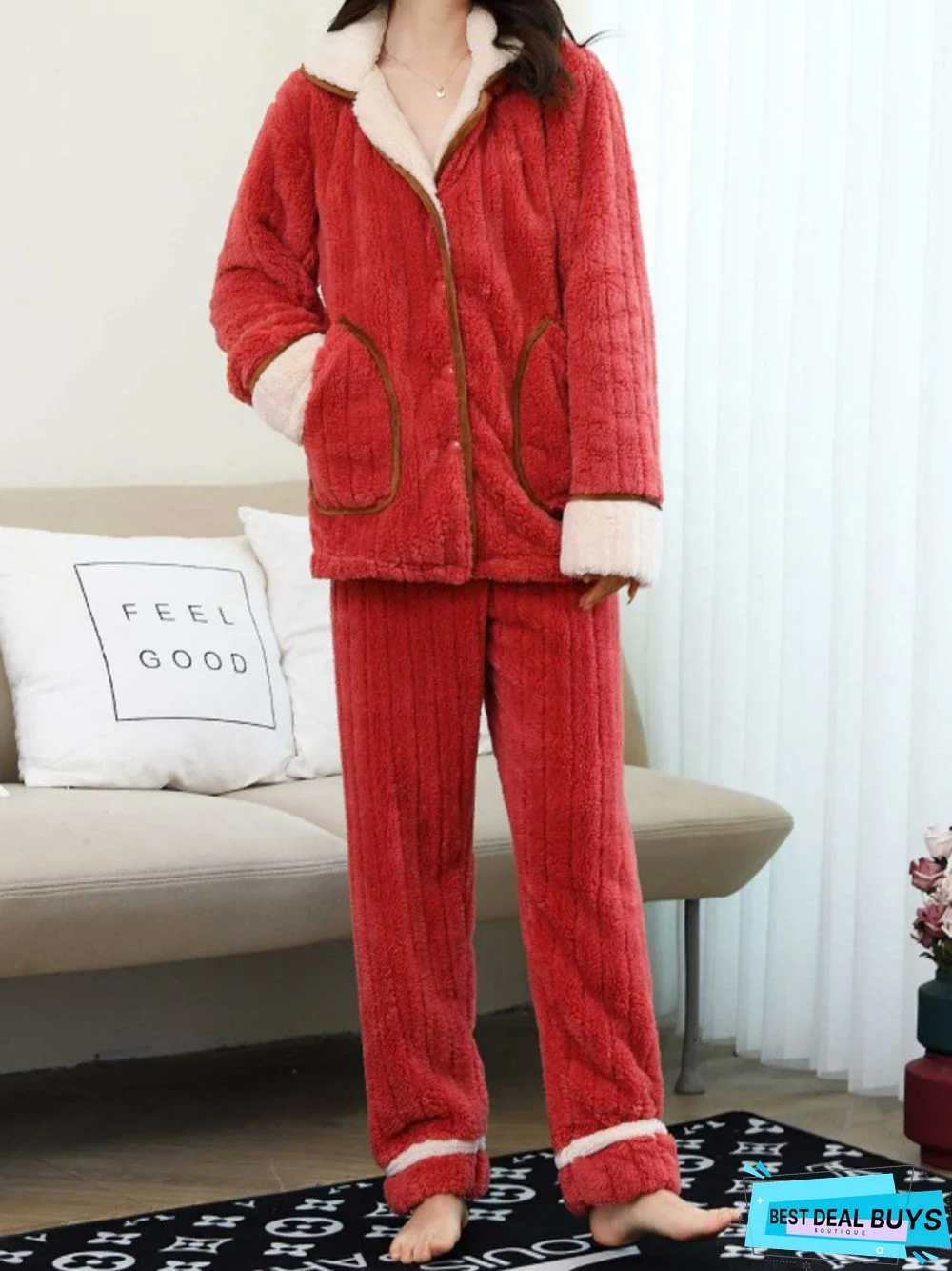 Colorblock Lapel Coral Fleece Home Warm Loose Plus Size Pajama Set