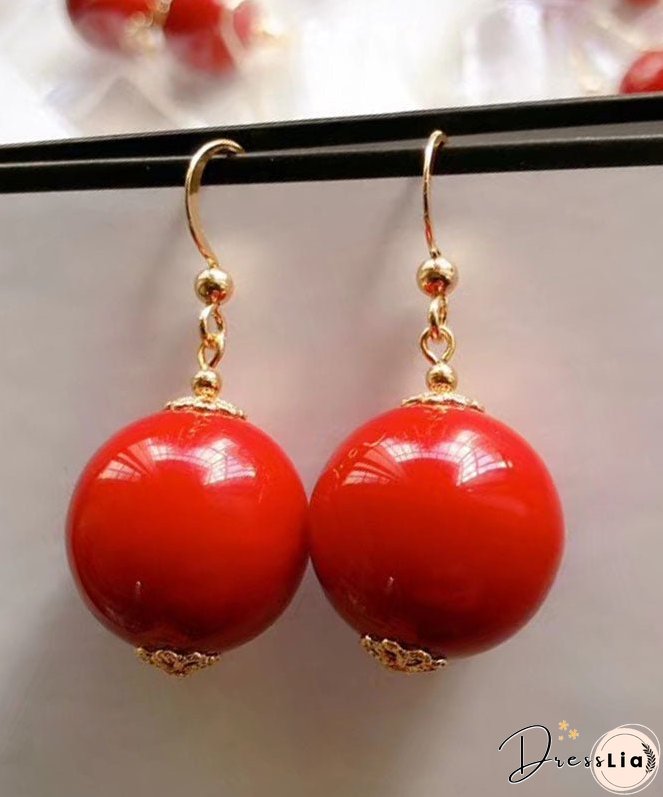 Stylish Red 14K Gold Agate Ball Drop Earrings