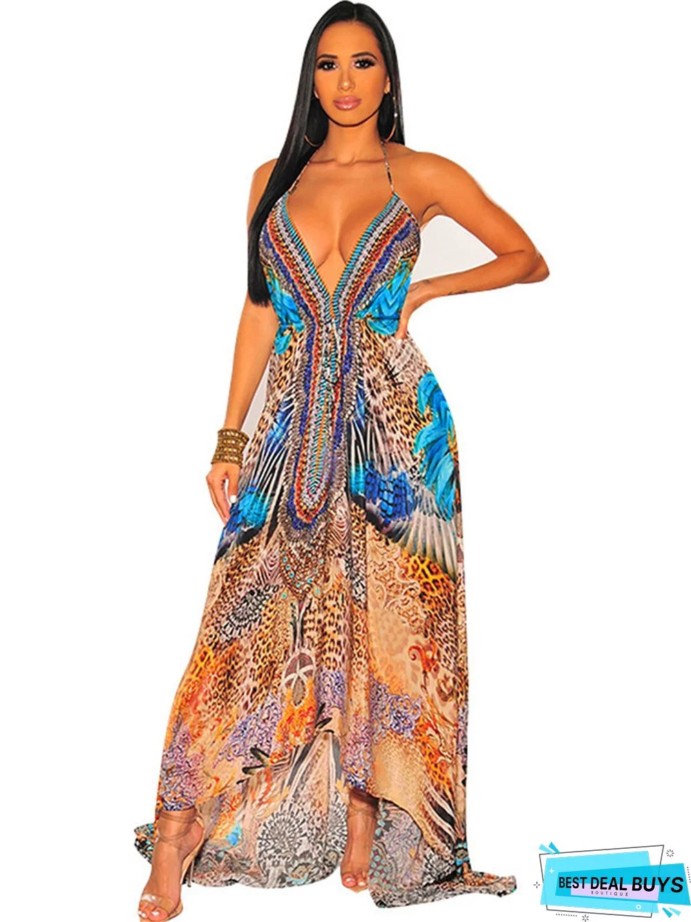 Vintage V-Neck Sexy Backless Skirt Printed Suspender Dress