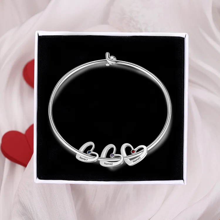 3 Names-Personalized Heart Bangle With 3 Names and Birthstones Bangle Bracelet For women