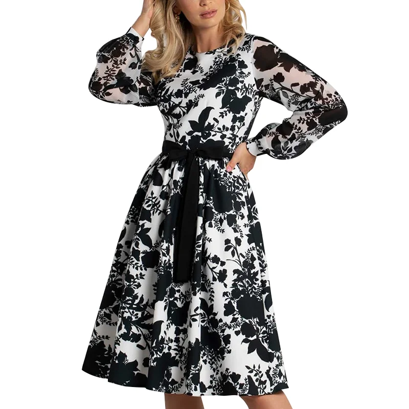 Jangj S.FLAVOR Floral Print Women Autumn Dresses Long Sleeve Casual A-Line Dress Elegant O Neck Slim Party Vestidos 2022 Fashion