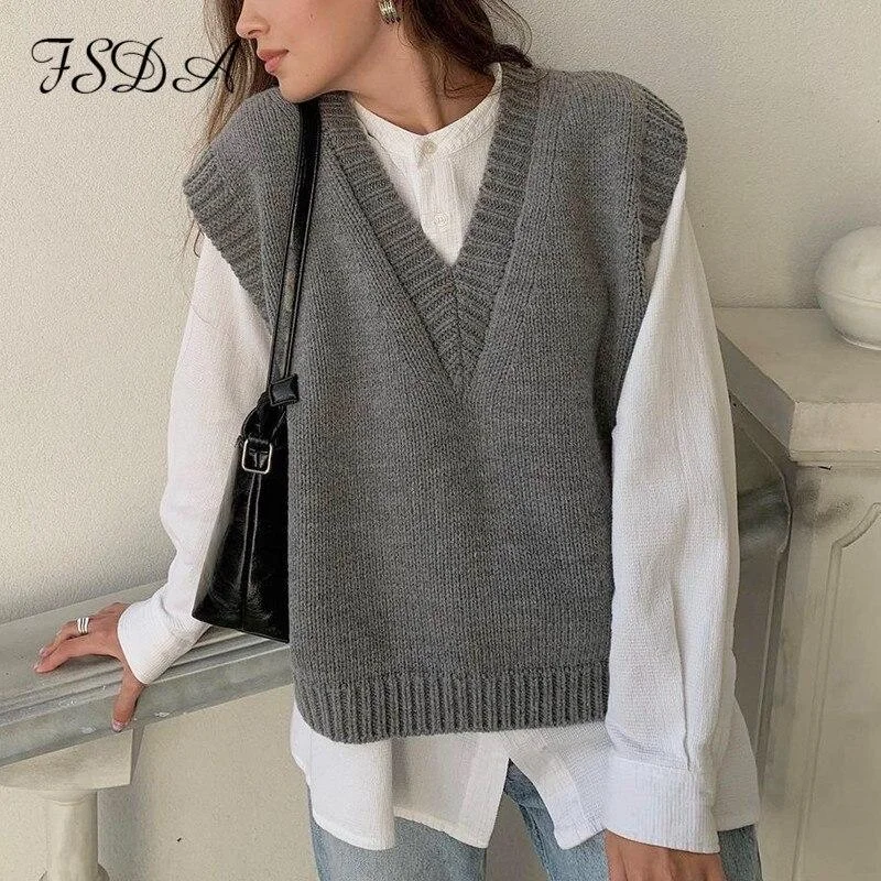 FSDA V Neck Knitted Vest Sweater Sleeveless Women Khaki Casual Pullover Black 2020 Autumn Winter Gray Jumper Fashion 1026-1