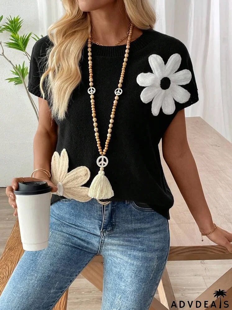 Dopamine Flower Crochet Wide Shoulder Short Sleeve Knit Pullover Sweater, Suitable For Spring, Summer, And Early Autumn
