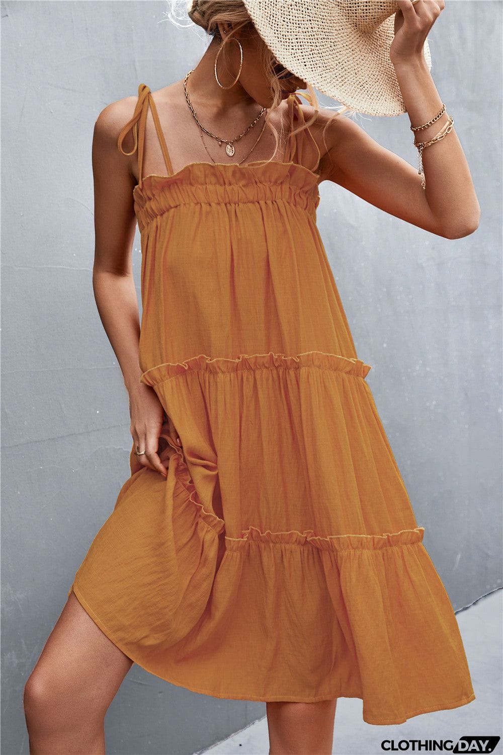 Tie-Shoulder Frill Trim Sleeveless Dress