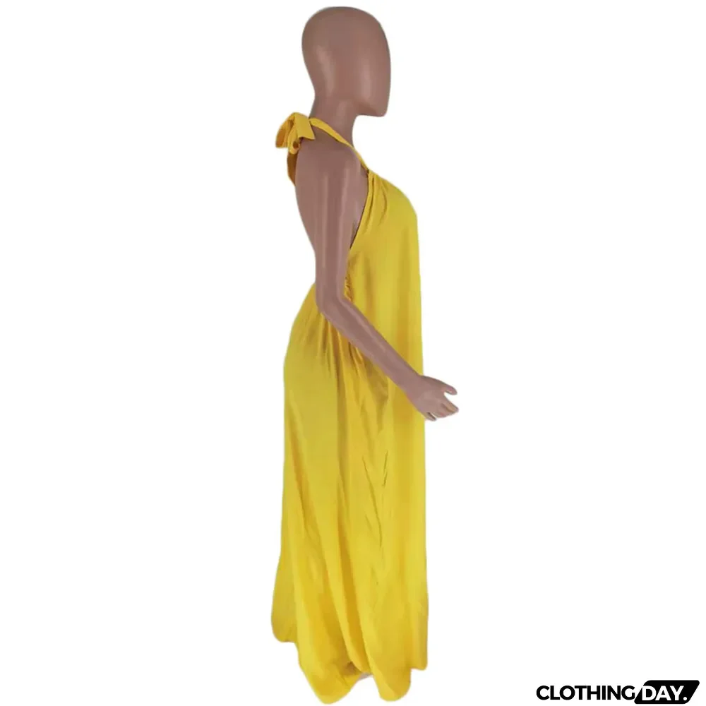Summer Women's Sleeveless Halter Neck Sexy Low Back Solid Color Maxi Dress