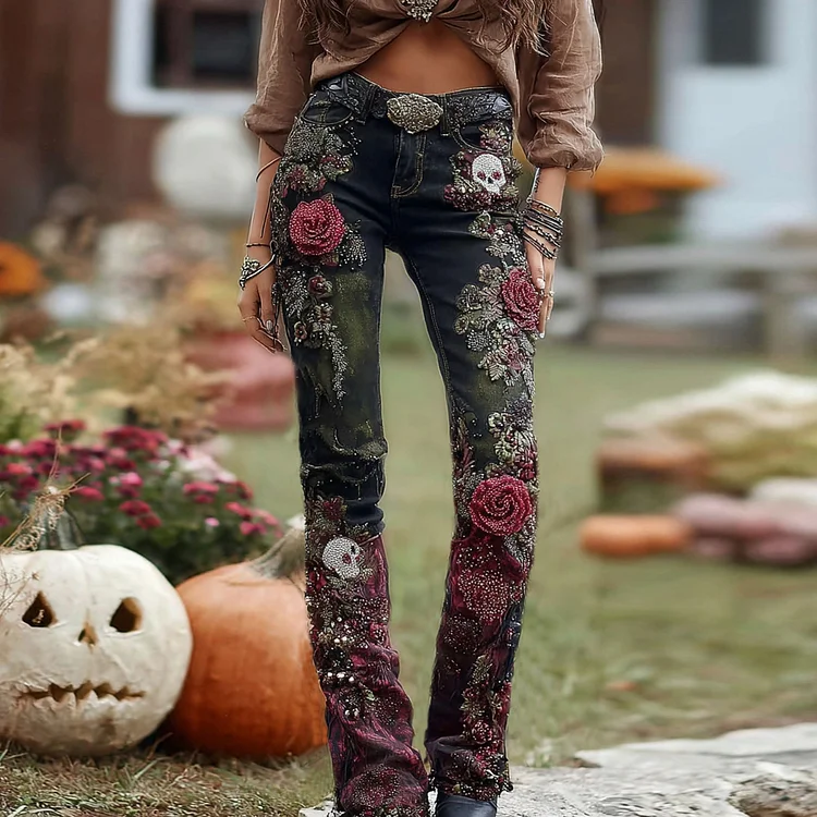 Rose Skull Embroidered Halloween Gothic Rock Jeans