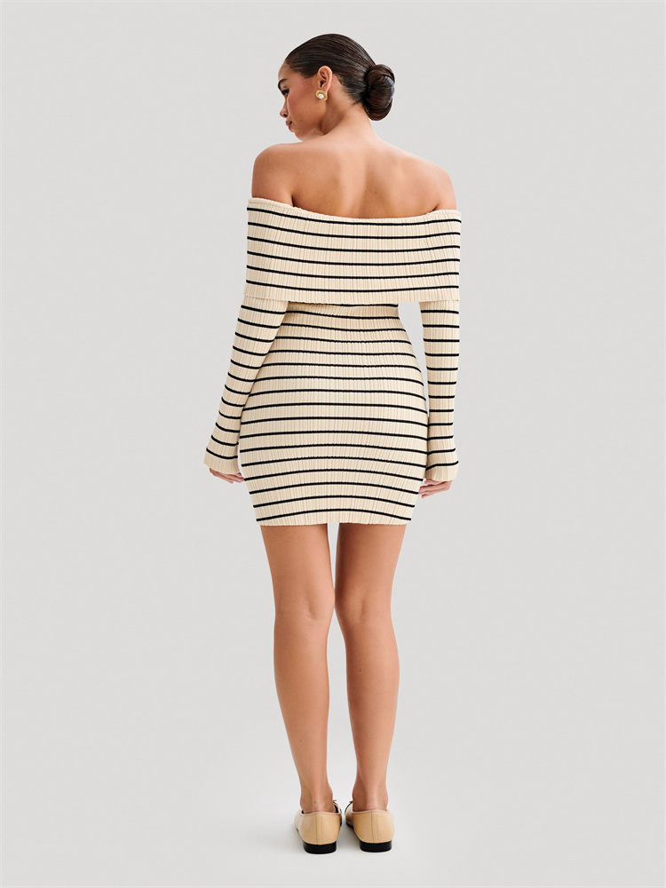 Ootddress Striped Knit Sweater Mini Dress For Women Bandeau Backless Elegant Fashion Summer Contrast Party Dress Knitwear Mini Dress