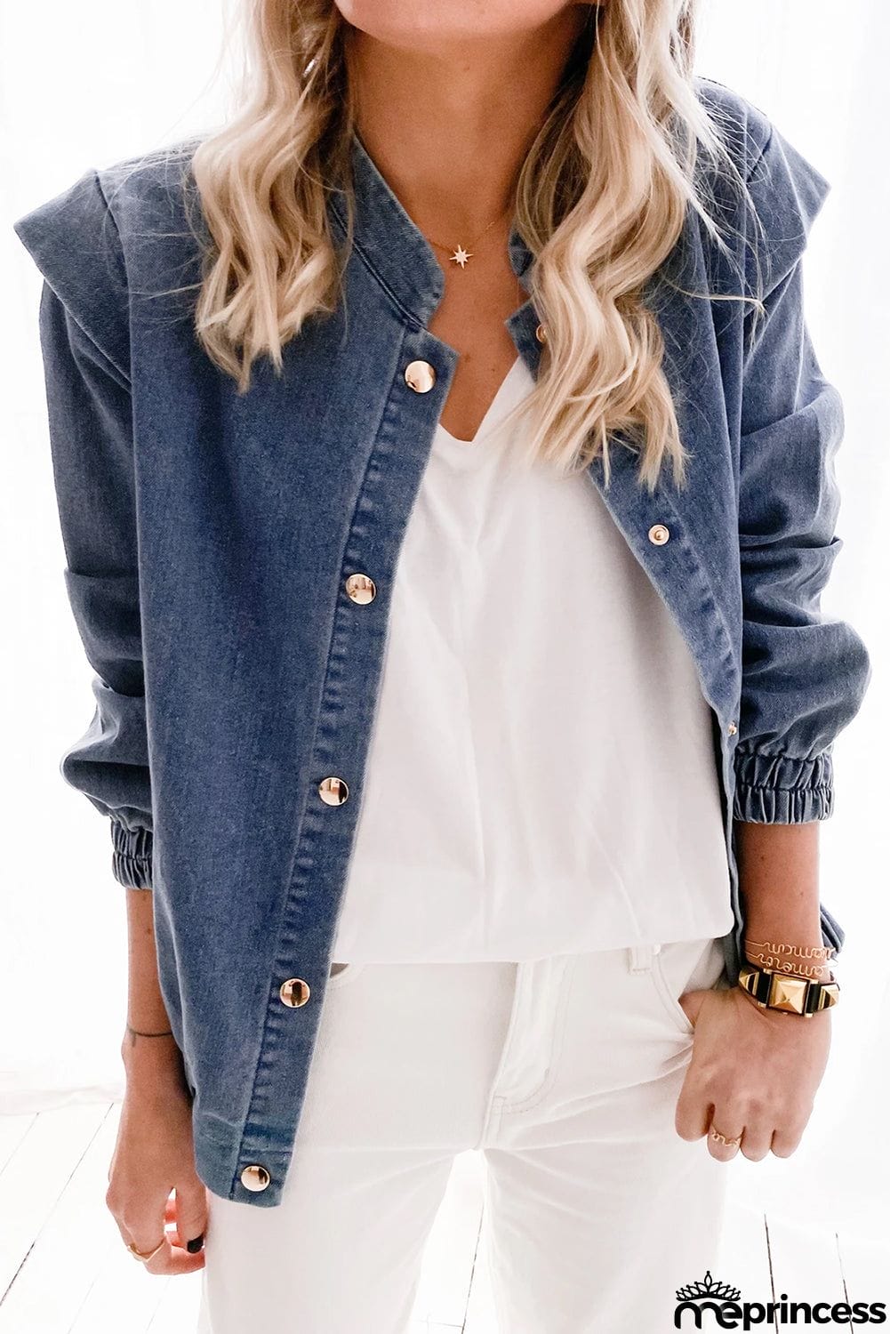 Solid Color Elastic Cuffs Buttoned Denim Jacket