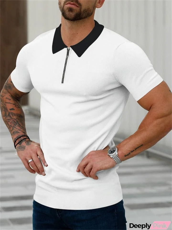 Mature Men's Chic Short Sleeve Contrast Color Quarter-Zip Polo Shirt