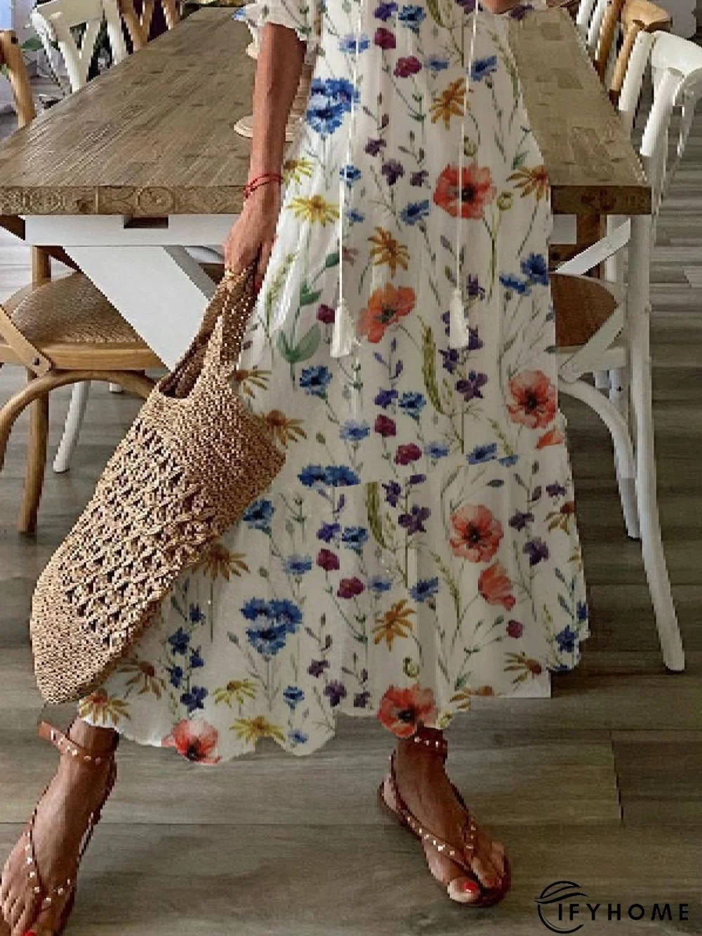 Casual Floral V Neck Short Sleeve Woven Dress | IFYHOME