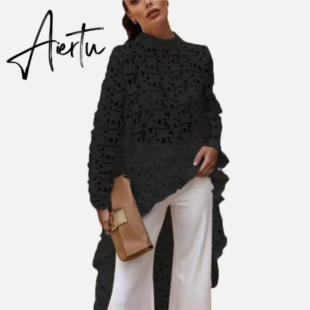 Aiertu Women Lace Hollow Out Shirts Long Sleeve Irregular Stand Collar Female Loose Blouses  Summer Lady Elegant Solid Beach Tops Aiertu