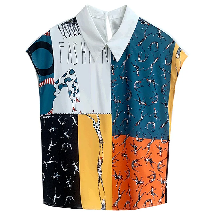 Vintage Print Colorblock Lapel Blouse Workwear - Modakawa modakawa