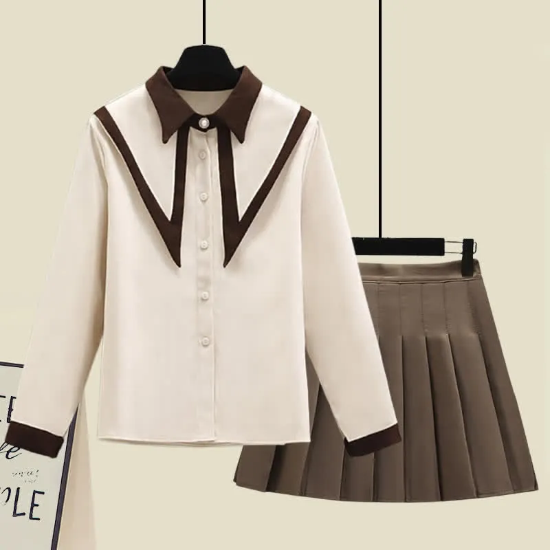 Lapel Shirt Pleated Skirt Two Piece Set